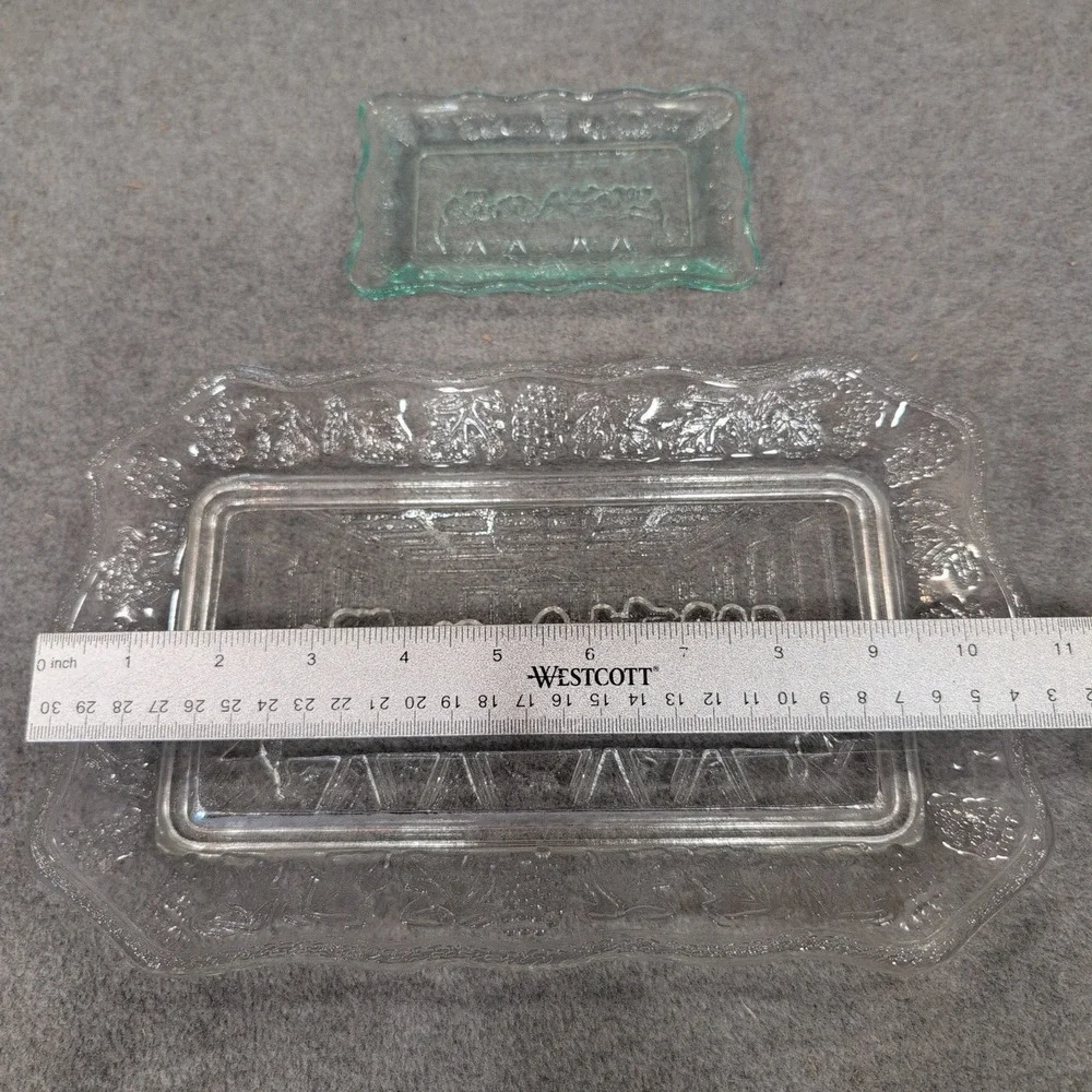 Tiara Indiana Glass Last Supper Bread Tray and Trinket Dish Set Clear Green - Picture 5 of 7